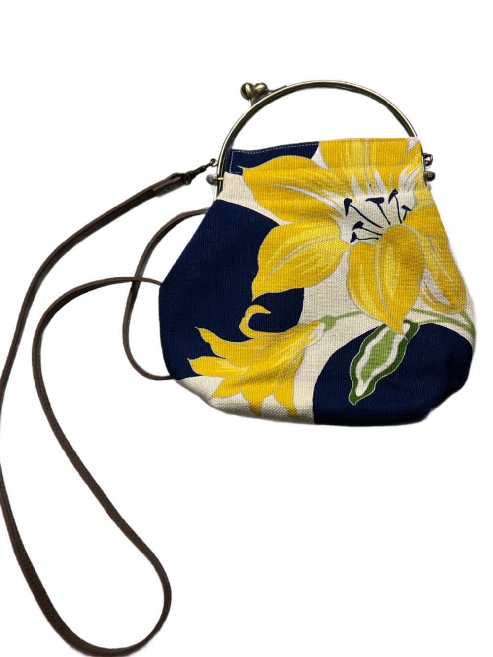 Inokichi Navy Floral Crossbody Bag with Yellow Bloom and Gold Frame, NWT
